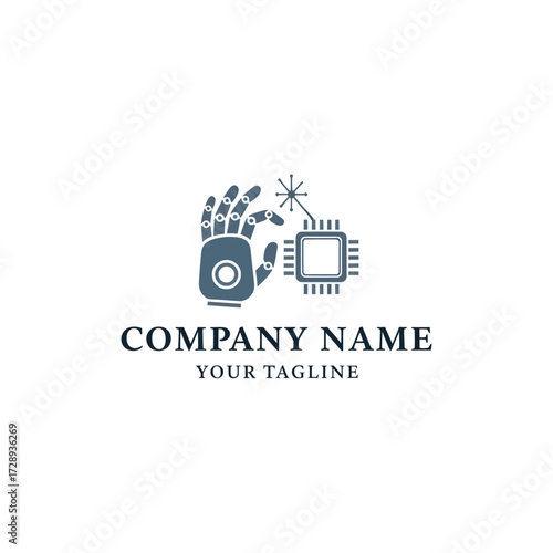 Robotic Hand and Microchip Logo Design representing AI, Automation, and Future Technology on a White Background, Flat Vector Elements, Vector Illustration, Simple Vector, Stylized Vector Drawing,