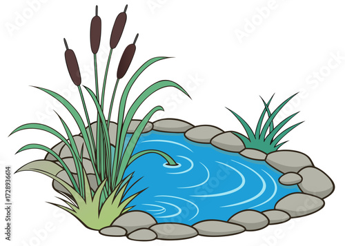 Tranquil Blue Pond Encircled by Smooth Gray Stones and Lush Cattails with Brown Flower Spikes in a Serene Natural Garden Setting