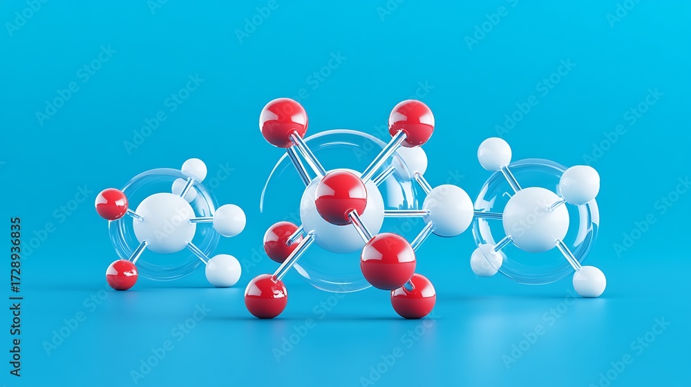 Obraz premium Abstract molecular structures with red and white spheres on blue background