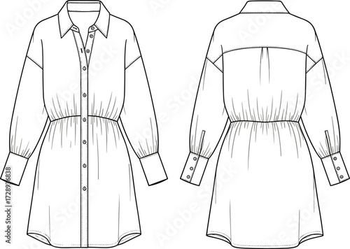 Shirt dress flat sketch, button-down design, long sleeve with cuff, fashion cad template, vector illustration, cad drawing flat vector illustration