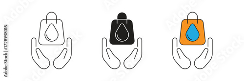 Water bag in hand icon set. Water bag in hand flat vector icon design.