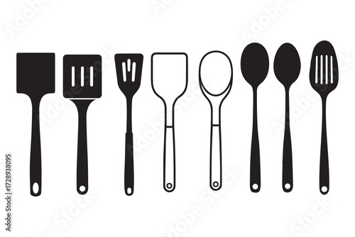 Collection of kitchen utensils including spatulas and spoons rendered in black silhouette and outline style