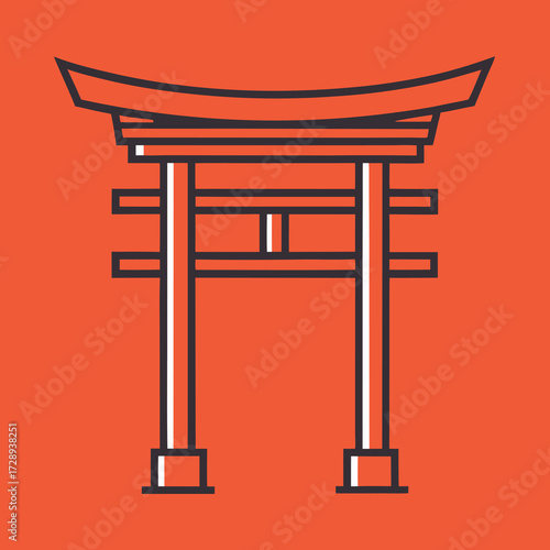 Minimalist japanese torii gate line art design with traditional color palette