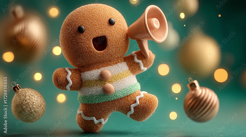 custom made wallpaper toronto digital3D Gingerbread Man with Megaphone Surrounded by Christmas Ornaments