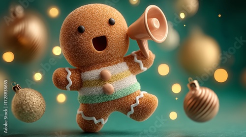 Wallpaper Mural 3D Gingerbread Man with Megaphone Surrounded by Christmas Ornaments Torontodigital.ca