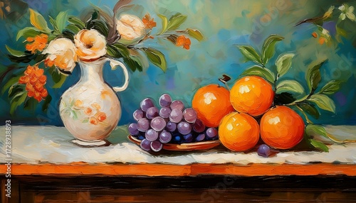 chinoiserie still life textured impasto oil painting wall art of oranges and grape on the table with a vase room decoration vintage farmhouse style wallpaper