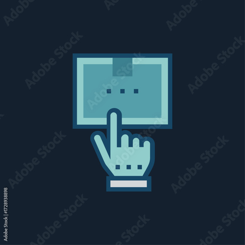 A flat vector icon of a hand pointing at a cardboard box, symbolizing product selection, ordering, or choosing items online.