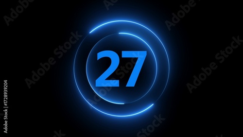 Glowing Blue Neon Circle With Number 27 On Black Background twenty seven numeral