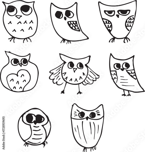 Set of owls. Doodle style drawing. Vector illustration.