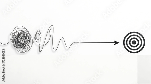 Problem-Solving Concept: Messy Tangled Line Unraveling into a Straight Path to the Target
