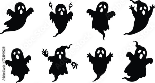 Cartoon ghost silhouettes, spooky Halloween characters, scary spirits with eyes and mouths, haunted illustration, creepy figures, supernatural design, vector art, horror