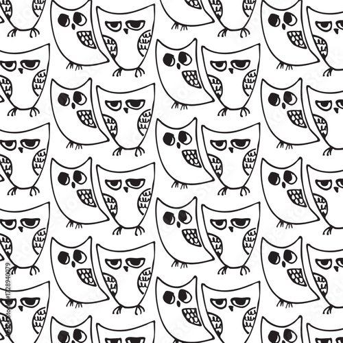 Seamless owl design. Doodle drawing. Vector illustration.