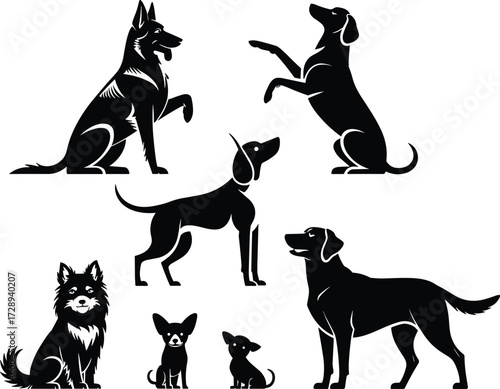 Cad drawing flat vector illustration, dog silhouette collection, pet animal artwork, domestic canine design, sitting standing playing dogs artwork