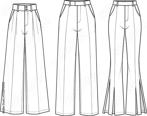 Wide leg pants technical fashion sketch, three variations, front view only, flared hem, flat vector, stylish trouser design
