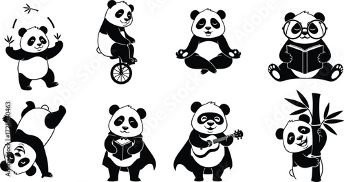 Cartoon panda, cute animal, funny character, juggling leaves, unicycle pose, meditation panda, reading book, superhero costume, guitar playing, bamboo peek