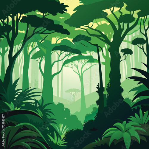 Dense jungle canopy silhouette with lush tropical foliage and organic shapes perfect for nature themes