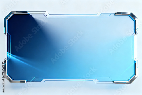 Futuristic blue transparent panel with metallic frame and glowing edges