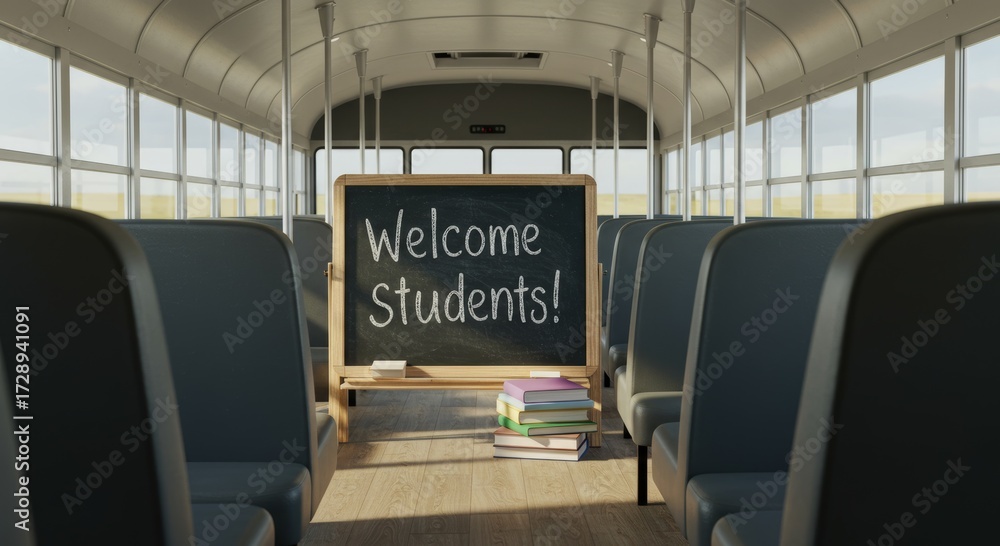 Naklejka premium School Bus Welcome: Inside a classic school bus, a chalkboard stands, inscribed with a welcoming message to students, set amidst the rows of seats.