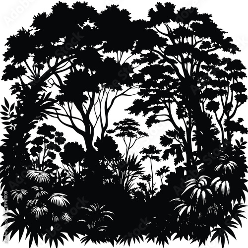 Dense jungle canopy silhouette with lush foliage and organic shapes in black and white