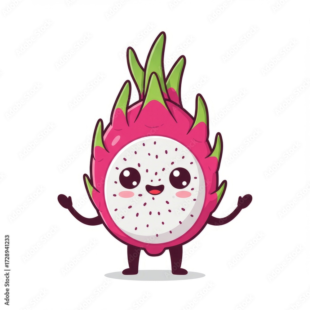 Fototapeta premium Dragon fruit mascot illustration on white background. Cute, exotic, and playful character design, perfect for tropical food branding, healthy lifestyle, and cartoon concepts.