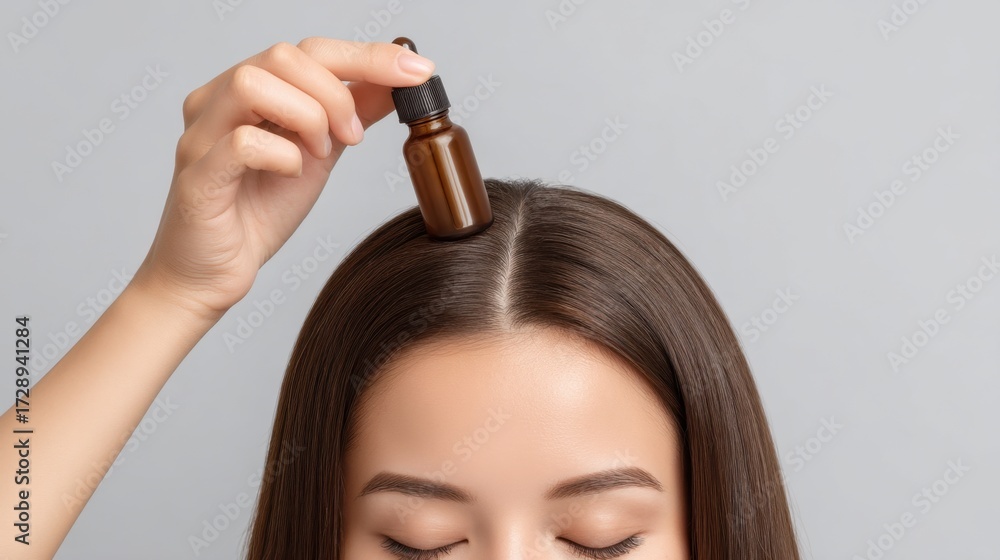 Fototapeta premium Hand Holding Essential Oil Dropper Above Head with Closed Eyes, Hair Care and Beauty Treatment for Healthy Hair Growth and Shine