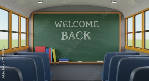 Welcome Back School Bus Interior: A inviting school bus interior, with its rows of blue seats leading the view toward a welcome message.