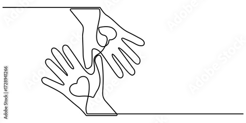 Black hands holding a heart in one line art style. Continuous line drawing. Hands holding heart drawing with editable stroke on white background. Hand hold two heart in line style. Vector illustration