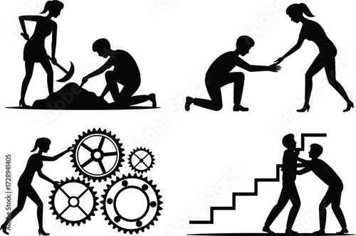 Teamwork, collaboration, helping hands, business partnership, gear mechanism, leadership support, success growth, problem solving, people working together, cad drawing flat vector illustration
