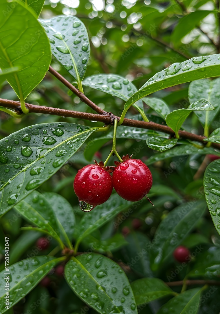 Fototapeta premium Lush Red Berries with Raindrops on Green Leaves: Freshness, Nature, and Vibrant Color