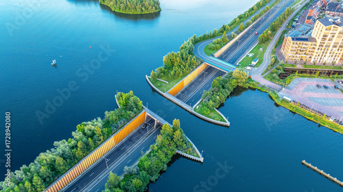 Weluwemeer aqueduct, where water and road traffic pass over or under each other. Netherlands.