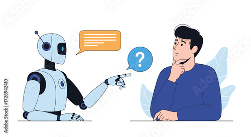 A robot asks a question to a man who seems to be thinking about the answer.