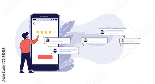 Customers leave reviews and ratings on a smartphone screen showing feedback messages.