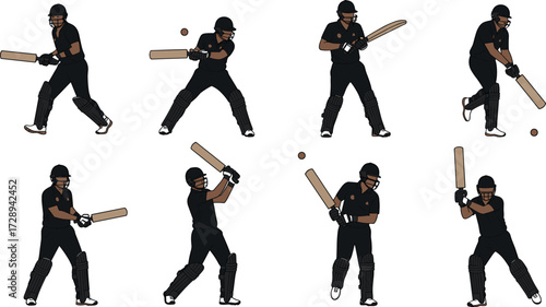 Cricket player batting silhouette, sportsman in helmet, bat swing poses, hitting ball, professional athlete action, training, match, sports illustration