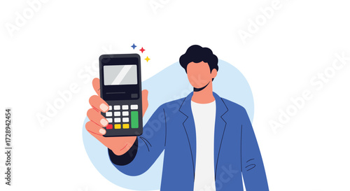 A man holds up a small calculator in his hand.