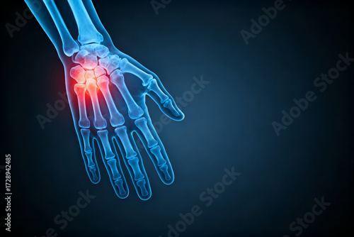 X-ray view of a human hand with highlighted wrist joint pain