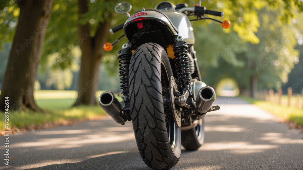 Naklejka premium Sleek motorcycle parked on tree lined road, showcasing its powerful rear tire and exhaust. scene evokes sense of freedom and adventure