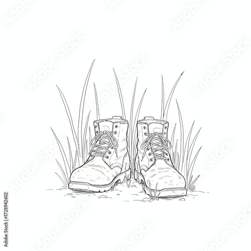 Detailed line art of sturdy outdoor boots with tied laces, resting in natural grass, symbolizing a peaceful pause on an adventurous nature walk