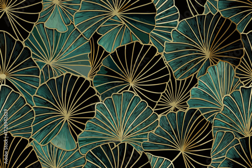 Art deco fan pattern with teal and gold leaves on black background