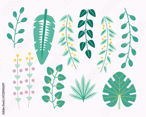 Collection of stylized tropical leaves and branches in various green and teal hues