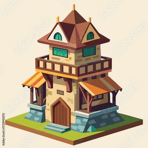 Detailed medieval tower architectural illustration with intricate stone work and castle elements