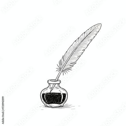 Hand-drawn illustration of a classic feather quill pen in an inkwell, representing the enduring art of writing, historical communication, literary traditions, and scholarly pursuits