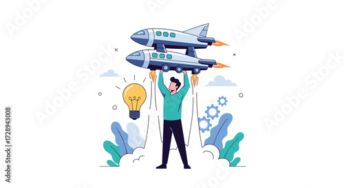 The businessman lifting two airplanes above his head symbolizes overcoming challenges and achieving success in business ventures.