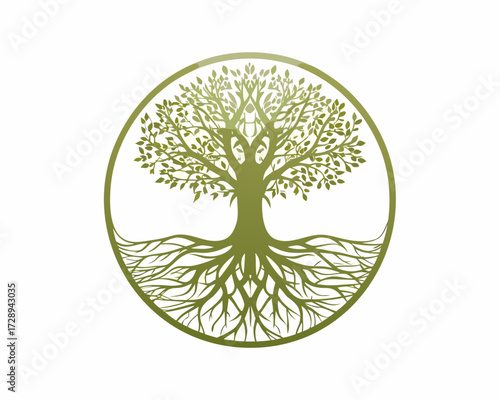 Stylized tree of life with visible roots inside a circle