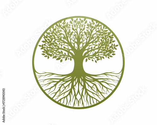 Green tree of life with intricate roots and branches inside a circle