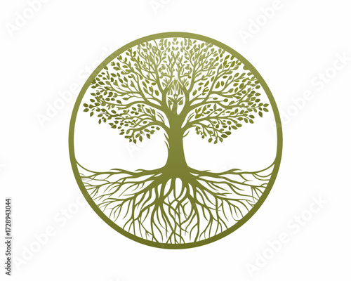 Stylized green tree of life with intricate roots inside a circle