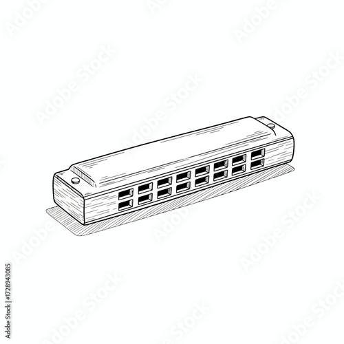 Minimalist line art illustration of a classic harmonica, a popular musical wind instrument, perfect for designs celebrating music, hobbies, performance, and creative artistic themes