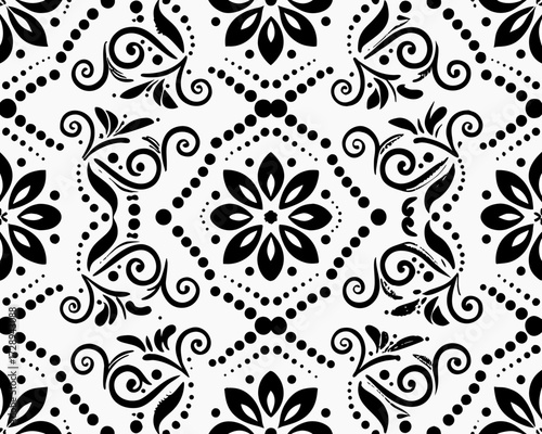 Seamless black and white floral damask pattern with swirls and dots