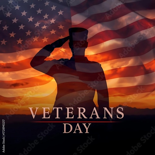 Veterans Day Poster with Soldier Silhouette and American Flag at Sunset