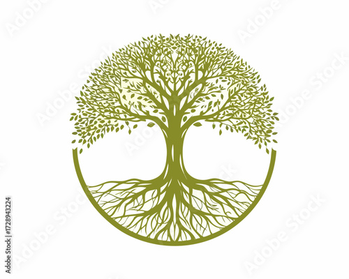 Stylized green tree of life with visible roots inside a circle