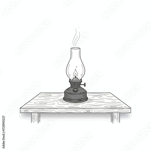 Hand-drawn vintage oil lamp, its lit wick gently smoking, resting on a rustic wooden shelf. Classic illumination in a detailed sketch